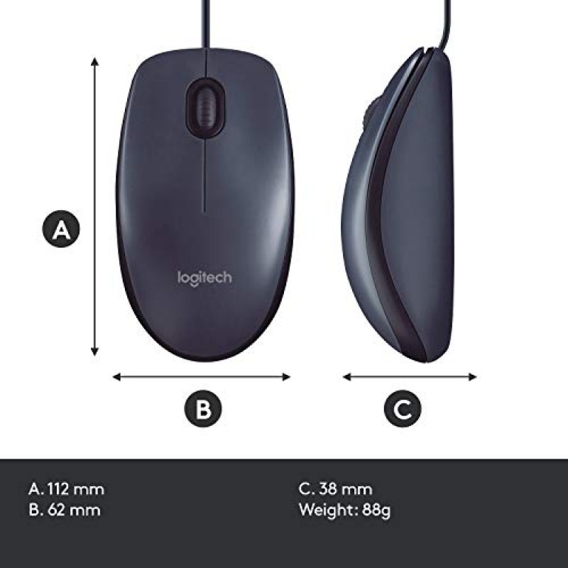 Logitech B100 Wired USB Mouse, 3 yr Warranty, 800 DPI Optical Tracking, Ambidextrous PC/Mac/Laptop - Black