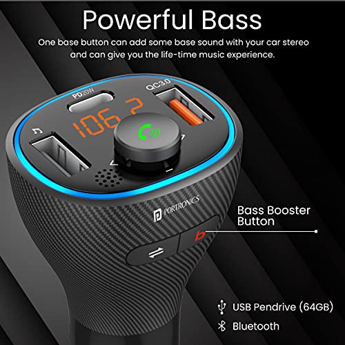 Portronics Auto 15 Bluetooth - FM Transmitter in-Car Radio Adapter for Hands-Free Calling, Music Streaming, USB Reading