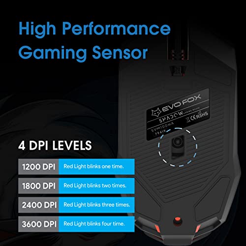 EvoFox Shadow Optical USB Wired Gaming Mouse with Upto 3600 DPI Gaming Sensor 1.8m Braided Cable (Black) EvoFox Shadow Optical USB Wired Gaming Mouse with Upto 3600 DPI Gaming Sensor 1.8m Braided Cable (Black)