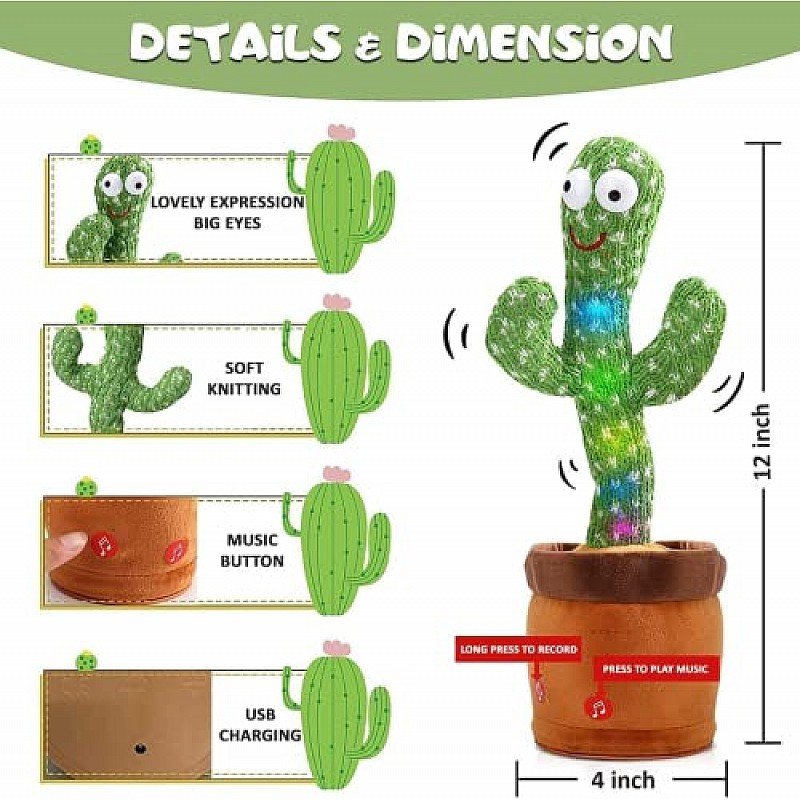 Airtree Dancing Cactus Talking Toy Kids Children Plush Electronic Toys Baby Singing Wriggle Voice Recording  LED Lights Toddler Educational Funny Gift