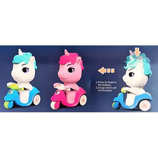 Ginniz Cute Unicorn Pressure Scooty Car Play Set Press and Go Friction Powered Toys Head Scooter Toddler Car Toy for Kids - Pack of 1