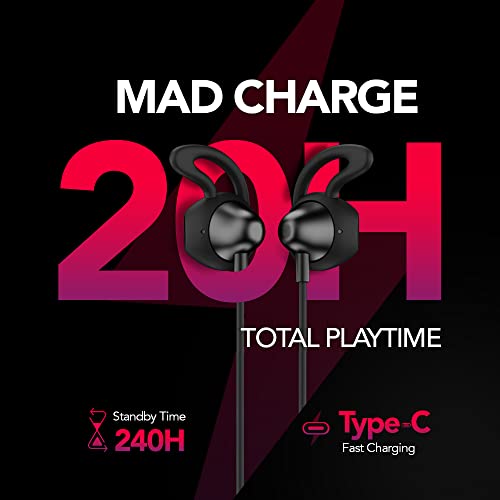 MadRabbit Fly Wireless Bluetooth Neckband Sporty Semi in-ear Headphone with 14.2MM Ultra-Clear Sound Driver, IPX5, Voice Assistant, Active Black