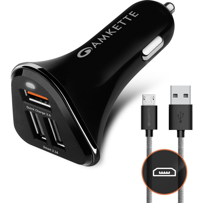 AMKETTE 6 Amp Qualcomm 3.0 Turbo Car Charger (Black, With USB Cable)