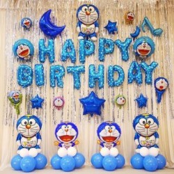Anayatech Solid Doreamon combo with star happy birthday combo-happy birthday foil balloon Blue, White Pack of 51