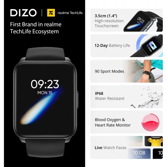 Dizo by realme techlife watch smartwatch carbon grey strap