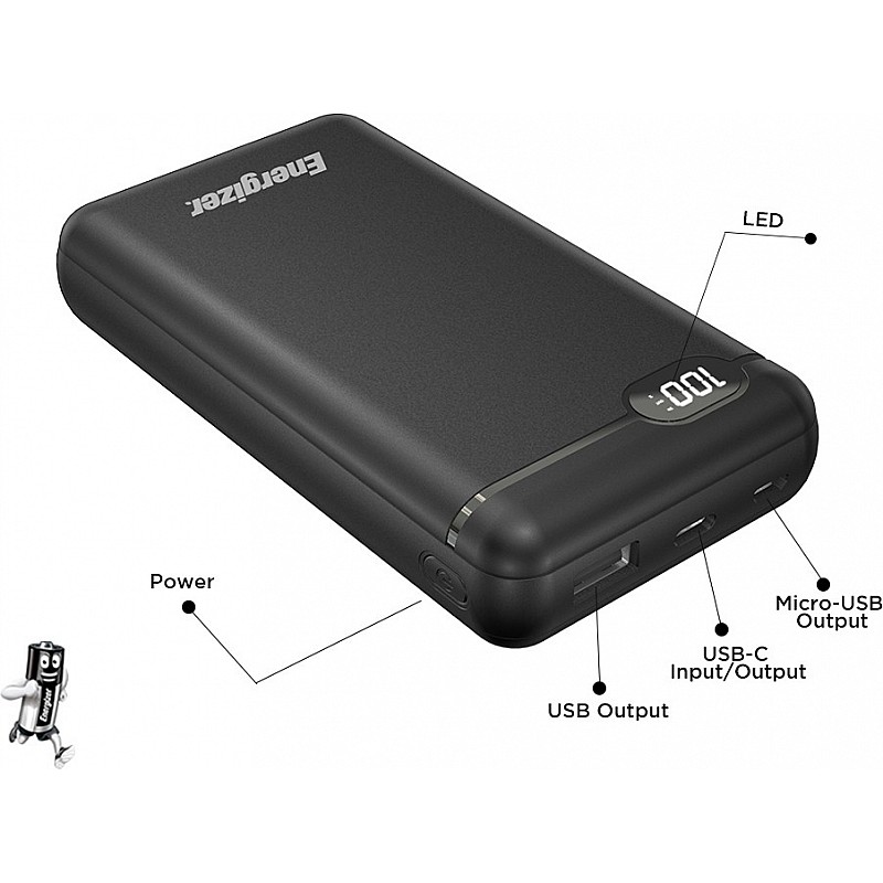 Energizer 20000mAh Power Bank Fast Charging 10 W Black Lithium Polymer-