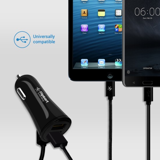 Flipkart SmartBuy 4.8A Dual Port Turbo Universal Car Charger with Cable (Black, With USB Cable)
