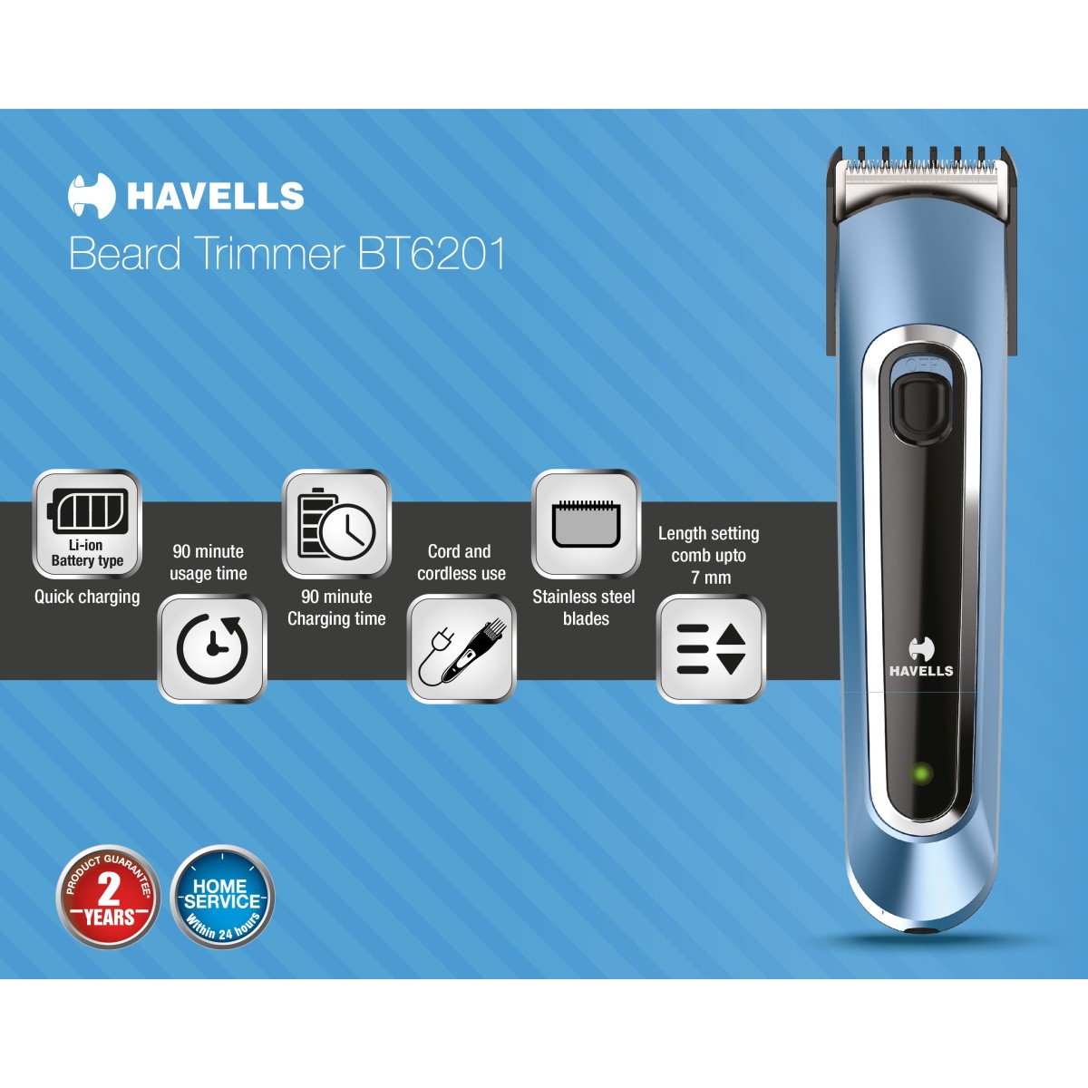 HAVELLS BT6201 Runtime: 90 min Trimmer for Men   (Blue)