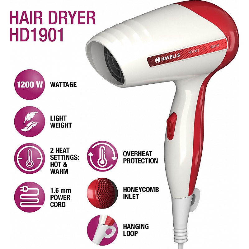 Havells hd1901 hair dryer 1200w white red