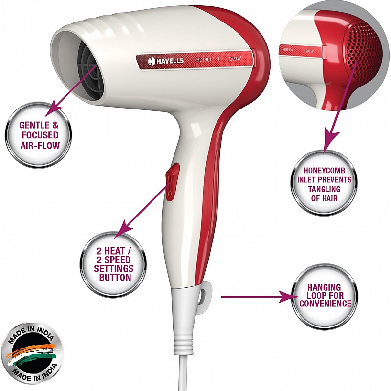 Havells hd1901 hair dryer 1200w white red