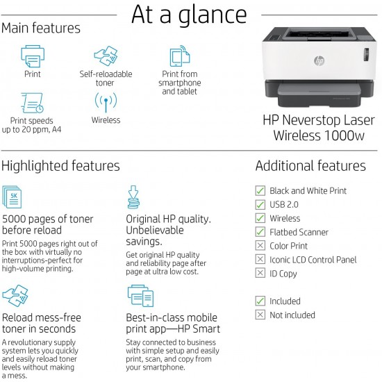 HP 1000w Single Function WiFi Monochrome Laser Printer (Black) (White and Grey, Toner Cartridge) refurbished