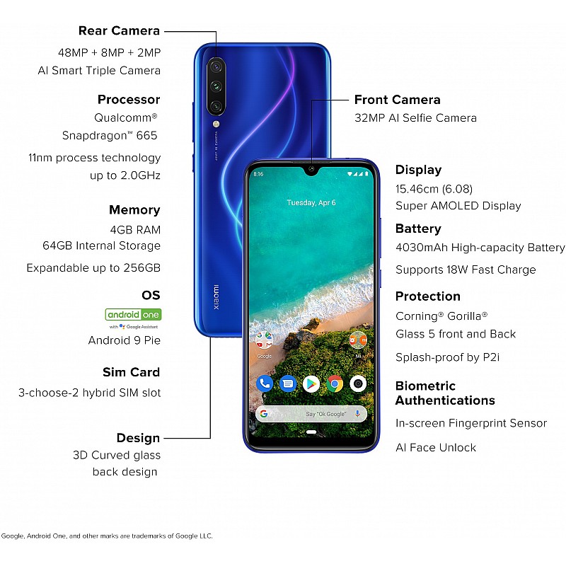 Mi A3 Not just Blue, 128 GB Storage 4 GB RAM Refurbished