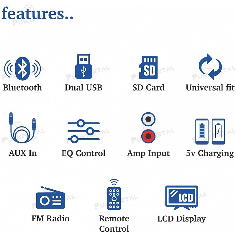 PunkMetal DUAL-USB/SD/AUX/BLUETOOTH/FM/MP3 Car Stereo (Single Din)