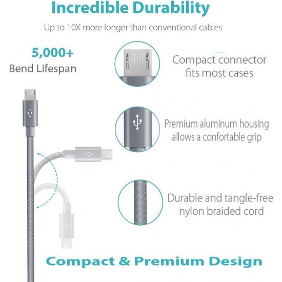 Quantum F3 1.5m Tough & Durable Nylon Braided 2.4 A 1 m Micro USB Cable