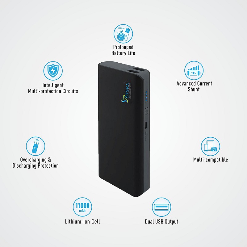 Syska 11000 mAh Power Bank (Black, Lithium-ion) Refurbished 