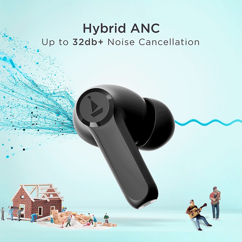 boAt Airdopes 393ANC with Hybrid ANC, Quad Mics ENx & 30 Hours Playback Bluetooth Headset Rogue Black