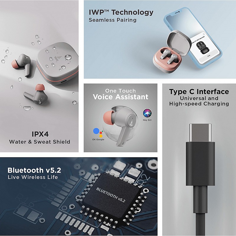 boAt Airdopes 411ANC with upto 17.5 Hours Playback and ASAP Charge Bluetooth Headset (Grey Hurricane, True Wireless)