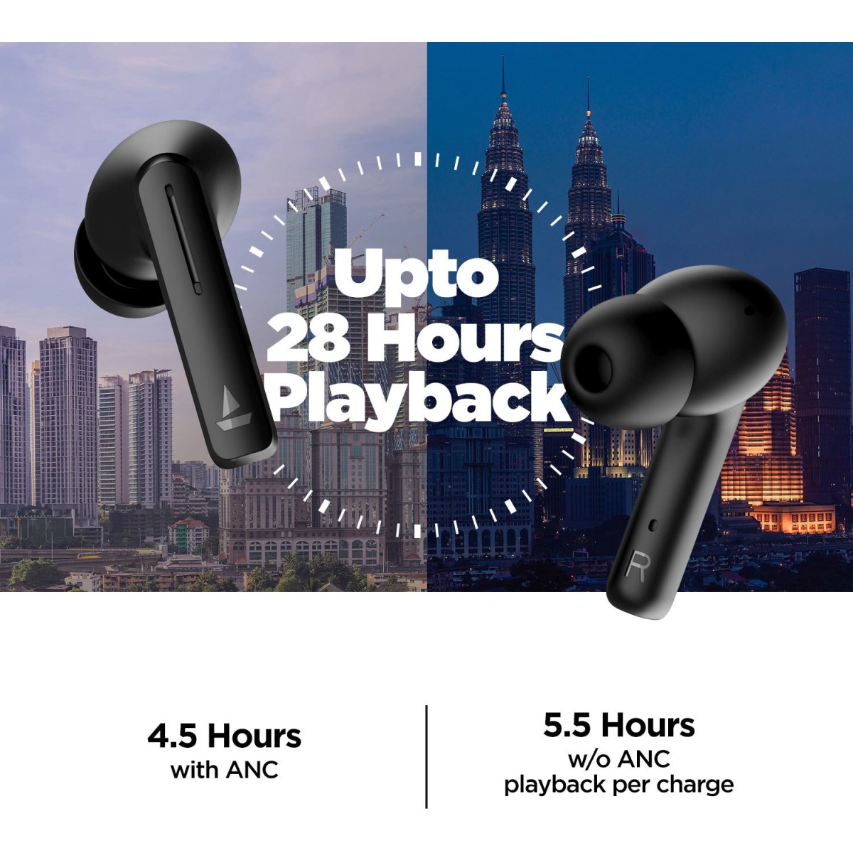 boAt Airdopes 601 ANC with Swipe Controls and 28 Hours Playtime Bluetooth Headset Black