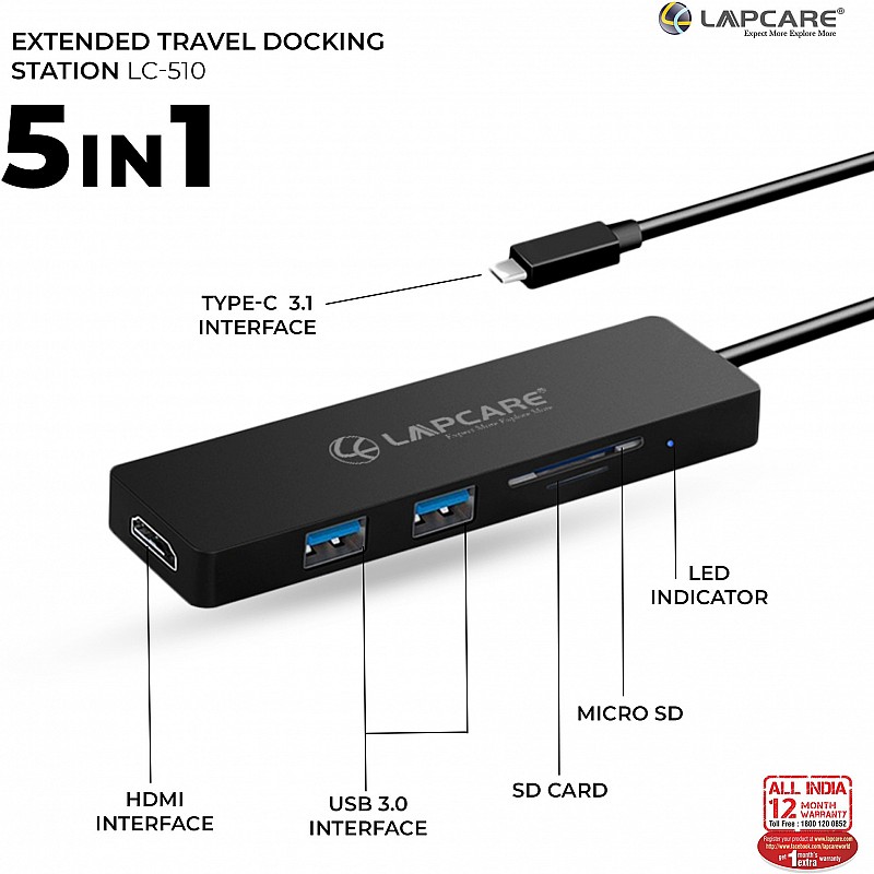 Lapcare Lap-C 5 in 1 extended Travel Docking Station (2*USB/HDMI/Card Reader)