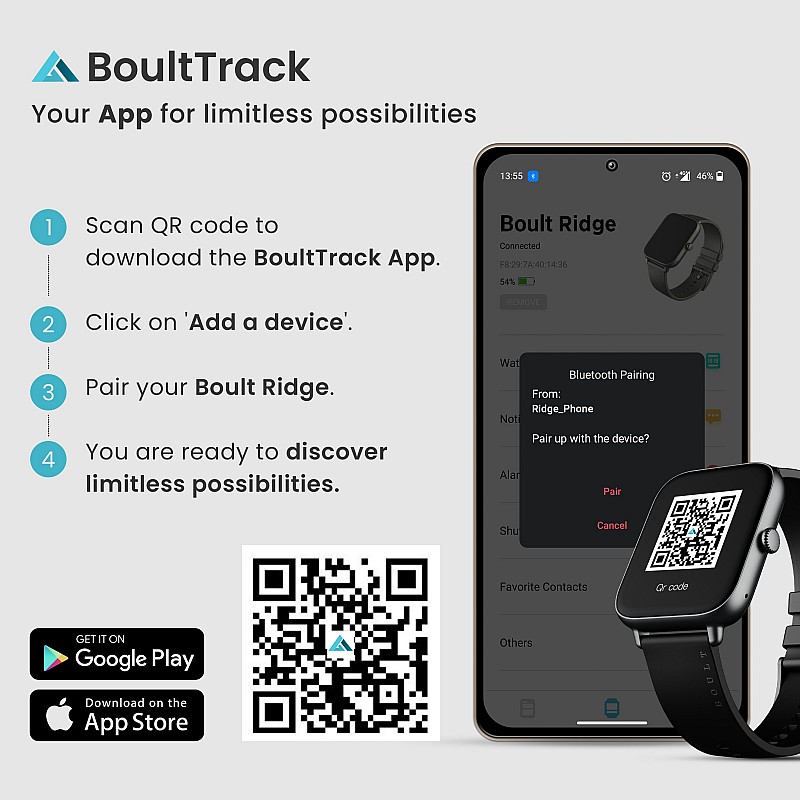  Boult Ridge BT Calling 1.8 HD Display Zinc Alloy Frame 140 Watch Faces Smartwatch Black Strap Free Size