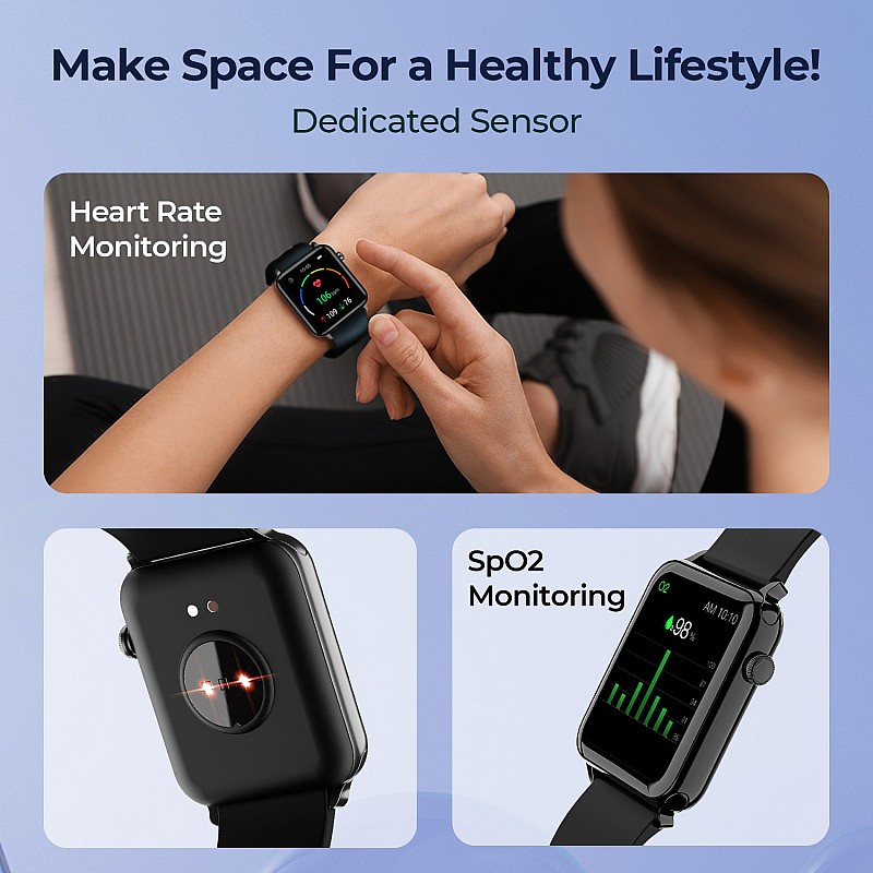 DEFY Space Pro Smartwatch with 1.69" HD Display, 24H Heart Rate & Real Time SpO2 Smartwatch (Black Strap, Free Size)