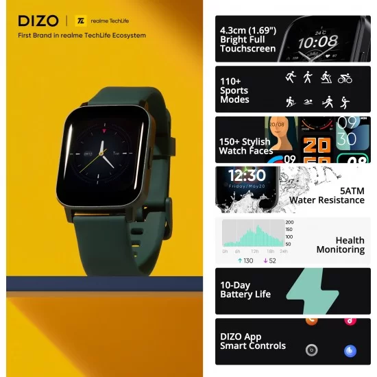  DIZO Watch 2 Sports (by realme TechLife) (Green Strap, Free Size)