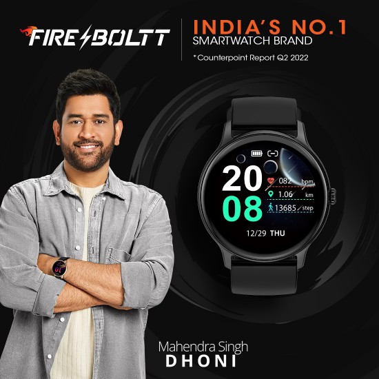 Fire-Boltt Hurricane 1.3" Curved Glass Display with 360 Health Training, 100+ Sports Modes Smartwatch (Black Strap, Free Size)