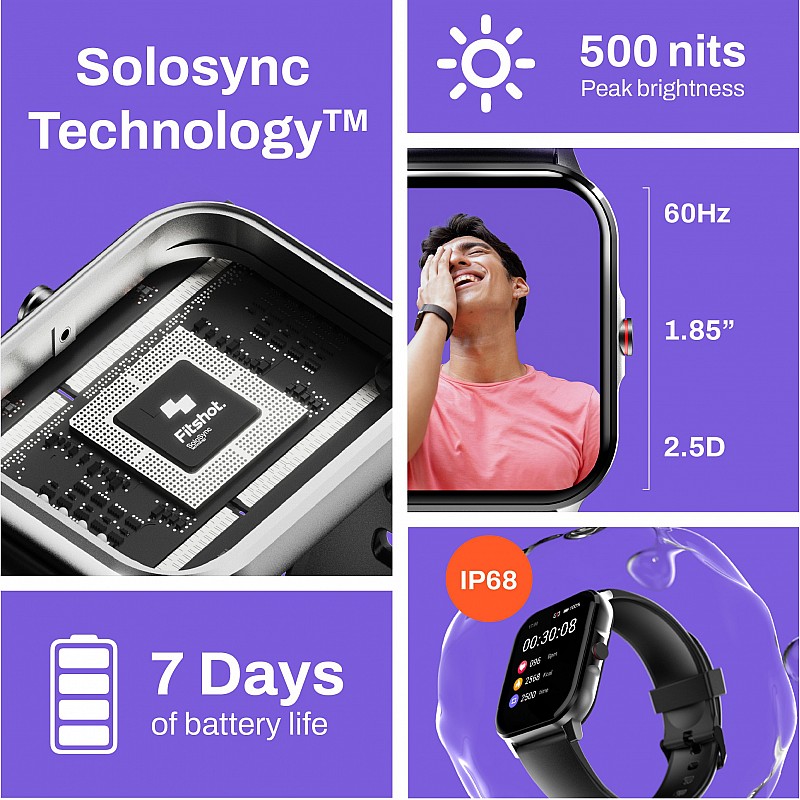  Fitshot Connect 1.85inch CosmicDisplay, Bluetooth Calling & SoloSync Technology Smartwatch (Black Strap, Regular)