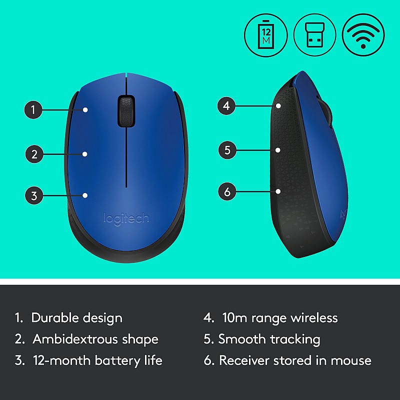  Logitech M171 Optical Tracking, Ambidextrous Wireless Optical Mouse (2.4GHz Wireless, Black, Blue)