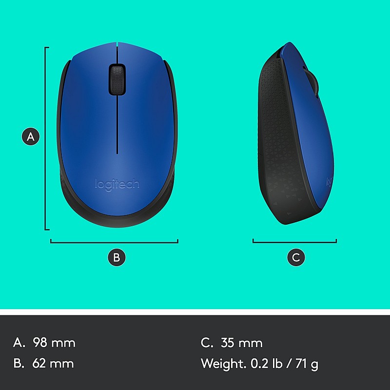  Logitech M171 Optical Tracking, Ambidextrous Wireless Optical Mouse (2.4GHz Wireless, Black, Blue)