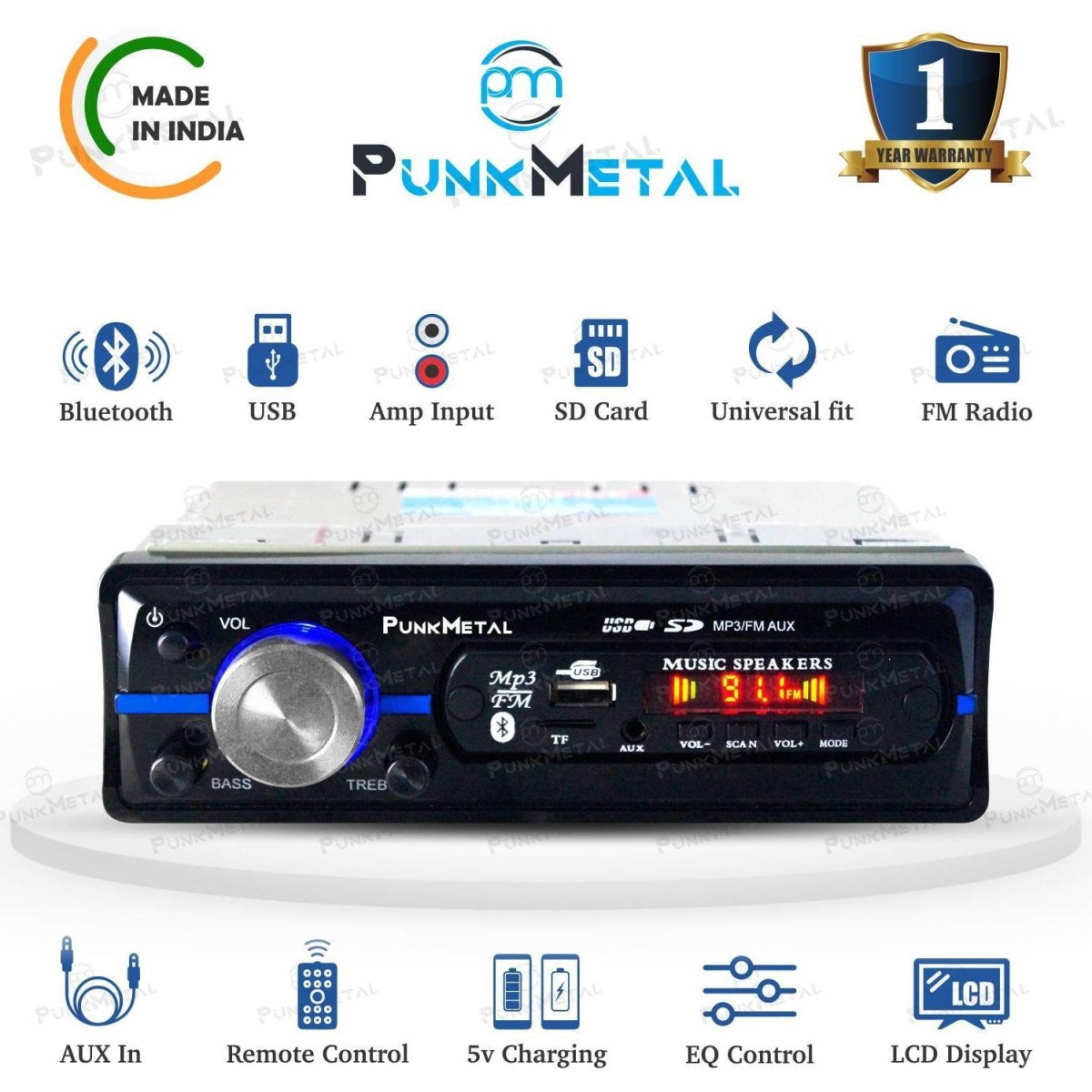 PunkMetal PM-2027-M BLUETOOTH/USB/SD/AUX/FM/MP3 UNIVERSAL Car Stereo   (Single Din)