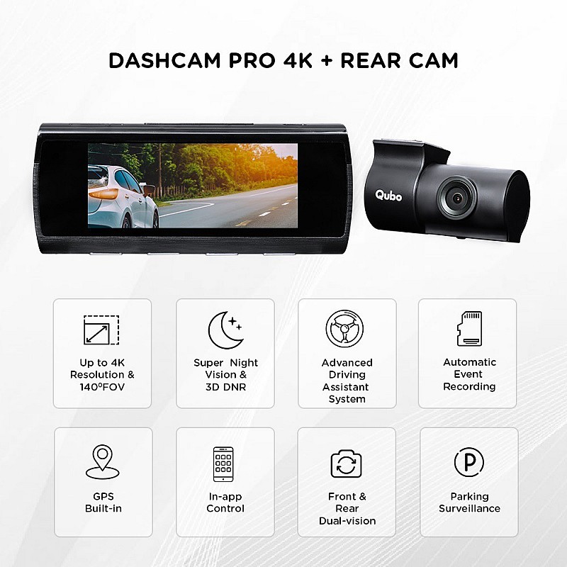  Qubo HCA04 Smart Dashcam Pro 4K DualCam with Wi-Fi GPS Front 4K Rear 1080P 1TB SDCard Vehicle Camera System