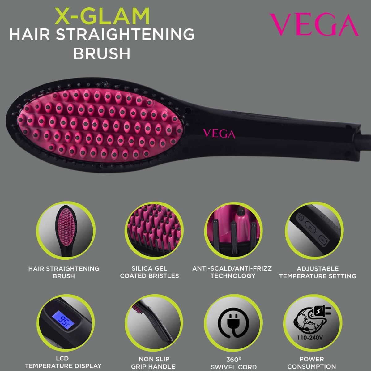 VEGA X-Glam X-Glam Hair Straightening Brush (VHSB-01), Black Hair Straightener Brush (Black)