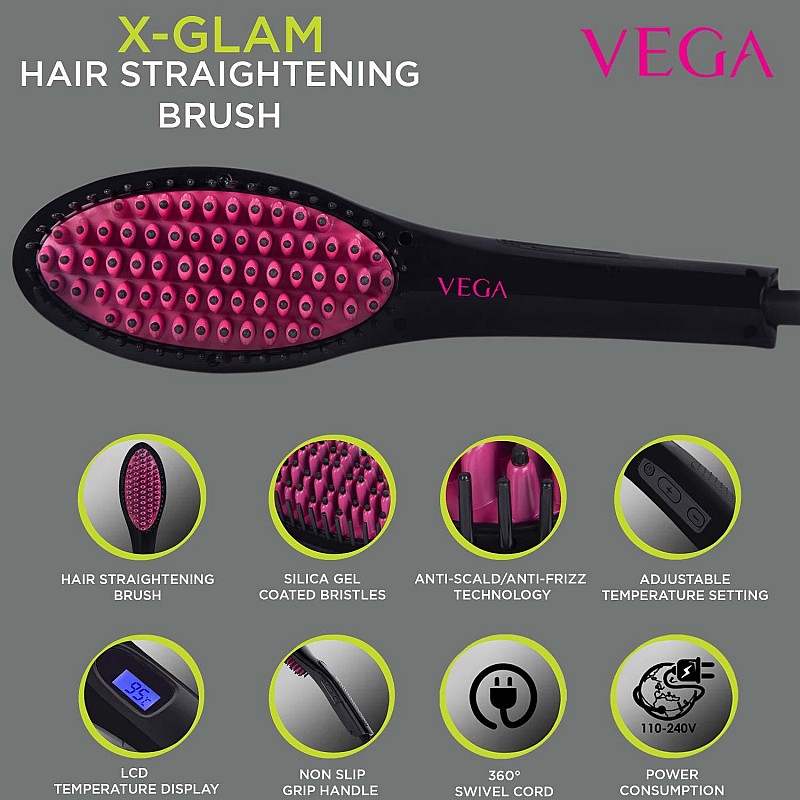  VEGA X-Glam X-Glam Hair Straightening Brush (VHSB-01), Black Hair Straightener Brush (Black)