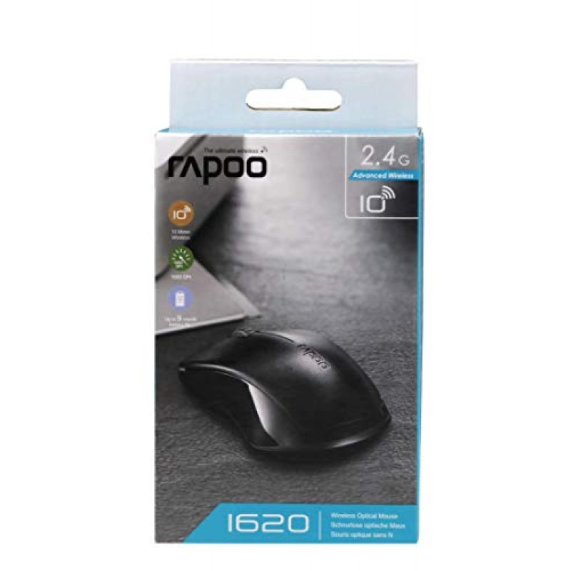 RAPOO 1620 Wireless Mosuse, 2.4 GHz with USB Nano Receiver, Optical Tracking, Ambidextrous, PC/Mac/Laptop - Black