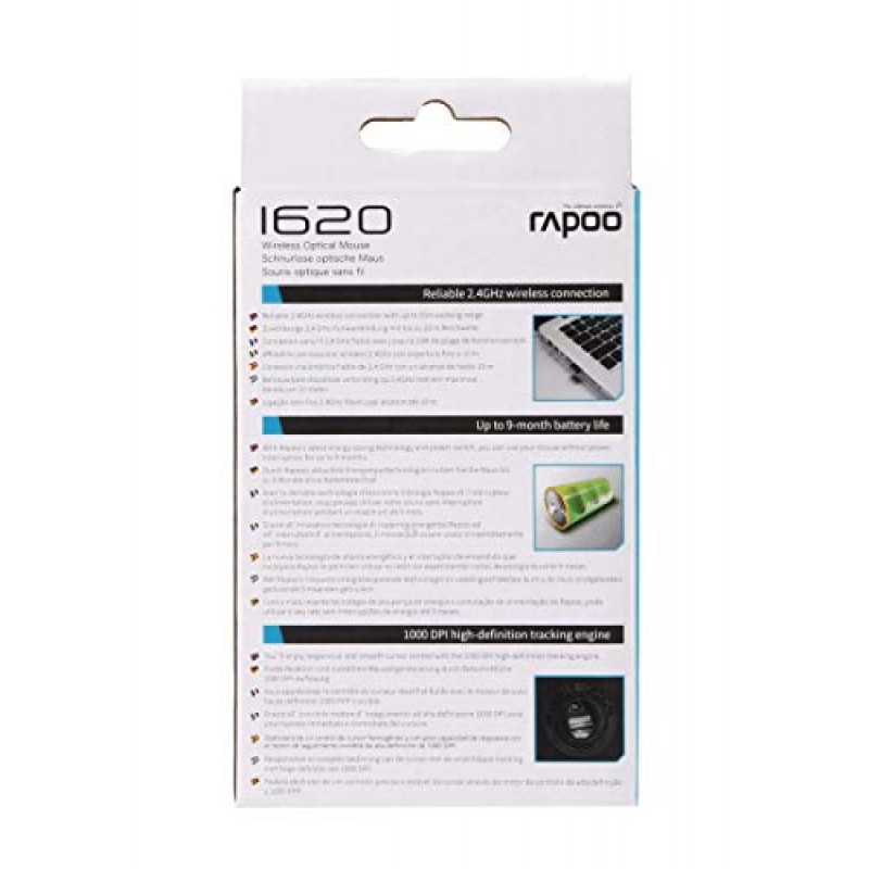 RAPOO 1620 Wireless Mosuse, 2.4 GHz with USB Nano Receiver, Optical Tracking, Ambidextrous, PC/Mac/Laptop - Black