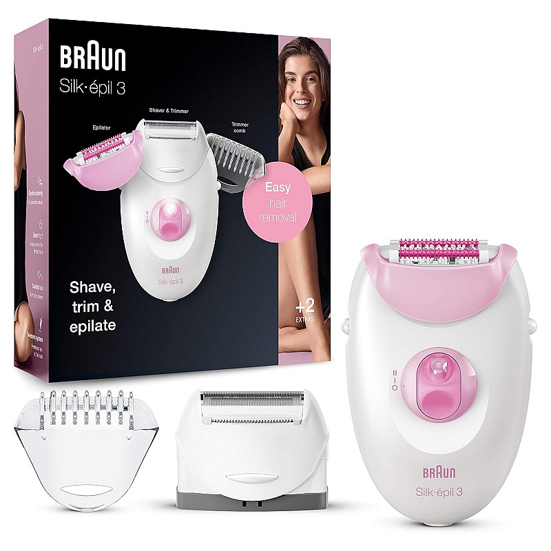 Braun Silk-épil 3-270,Epilator for Long-Lasting Hair Removal from roots,20 Tweezer System White and Pink