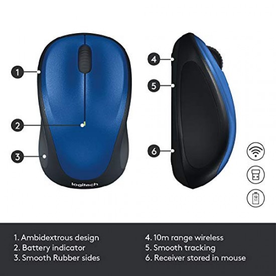 Logitech M235 Wireless Mouse, 1000 DPI Optical Tracking, 12 Month Life Battery (Blue)