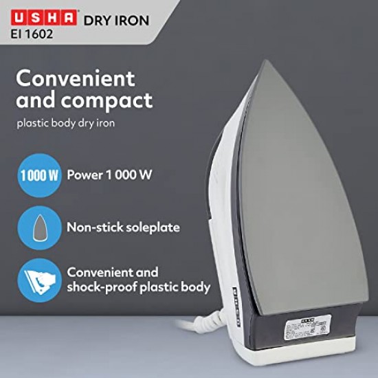 USHA EI 1602 1000 W Lightweight Dry Iron with Non-Stick Soleplate (Multi-colour)