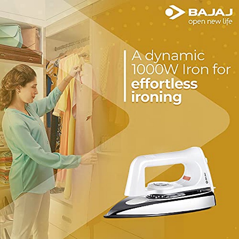 Bajaj Plastic Popular Plus 750W Dry Iron with Advance Soleplate and Anti-Bacterial German Coating Technology, White