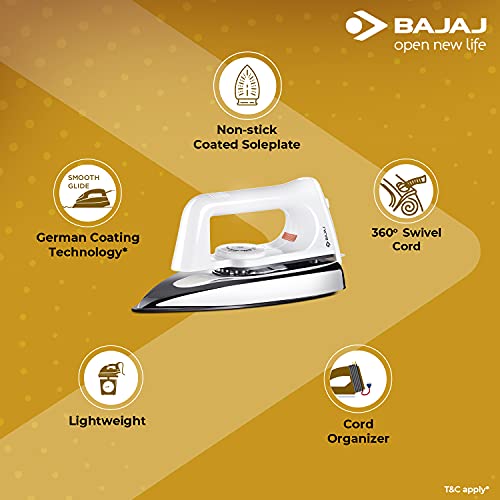 Bajaj Plastic Popular Plus 750W Dry Iron with Advance Soleplate and Anti-Bacterial German Coating Technology, White Bajaj Plastic Popular Plus 750W Dry Iron with Advance Soleplate and Anti-Bacterial German Coating Technology, White