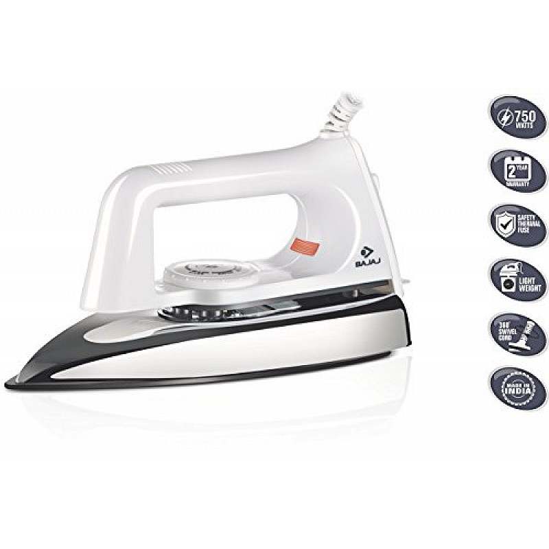 Bajaj Plastic Popular Plus 750W Dry Iron with Advance Soleplate and Anti-Bacterial German Coating Technology, White