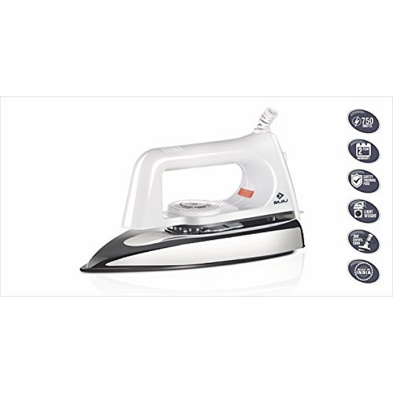 Bajaj Plastic Popular Plus 750W Dry Iron with Advance Soleplate and Anti-Bacterial German Coating Technology, White