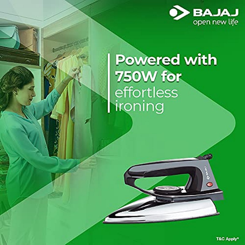 Bajaj DX-2 600W Dry Iron with Advance Soleplate and Anti-bacterial German Coating Technology, Black