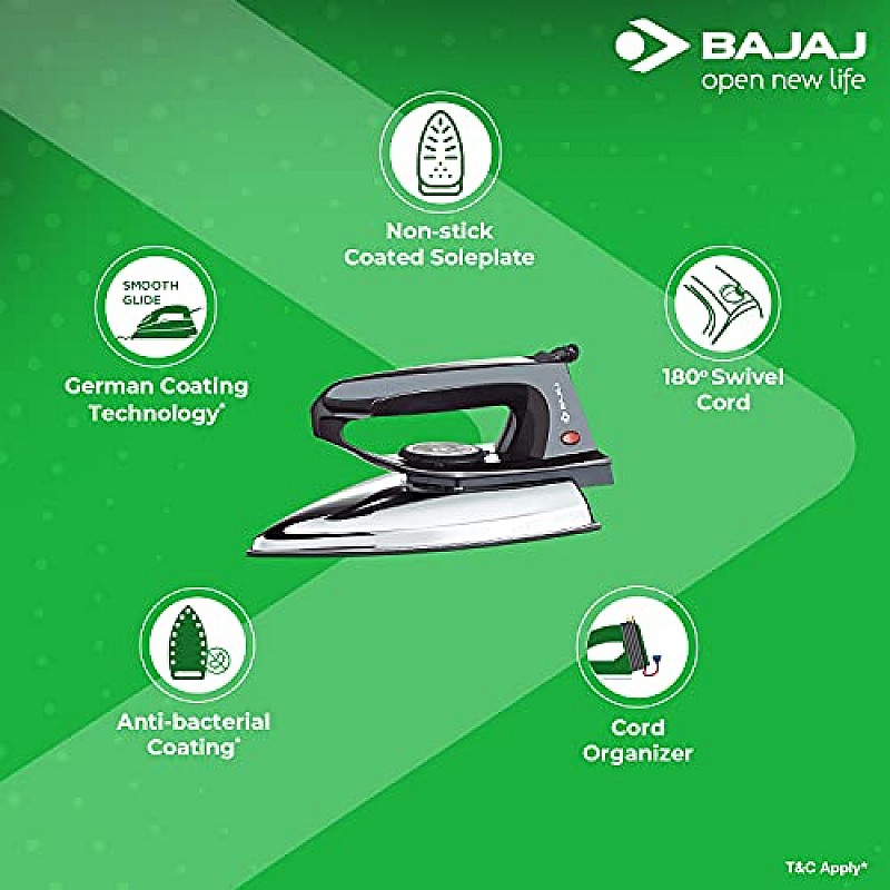 Bajaj DX-2 600W Dry Iron with Advance Soleplate and Anti-bacterial German Coating Technology, Black