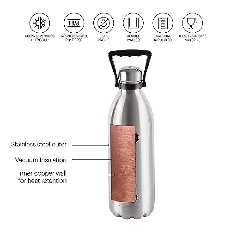 Cello Swift Stainless Steel Vacuum Insulated Flask 1000ml Hot and Cold Water Bottle for Home, Office, Travel