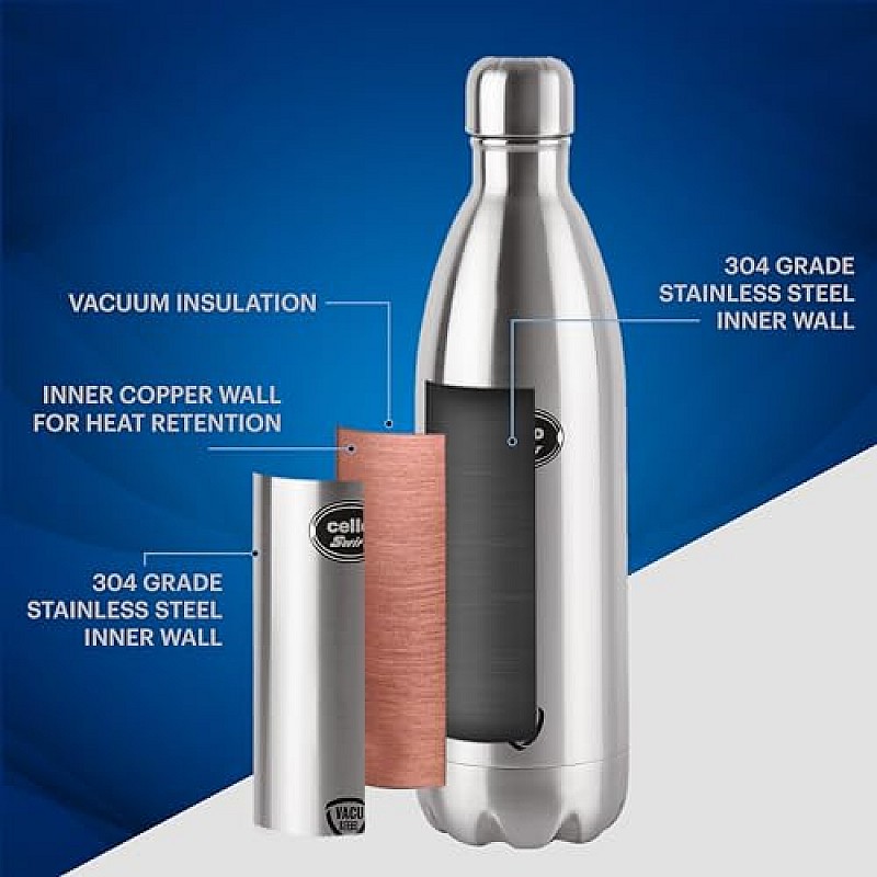 Cello Swift Stainless Steel Vacuum Insulated Flask 1000ml Hot and Cold Water Bottle for Home, Office, Travel