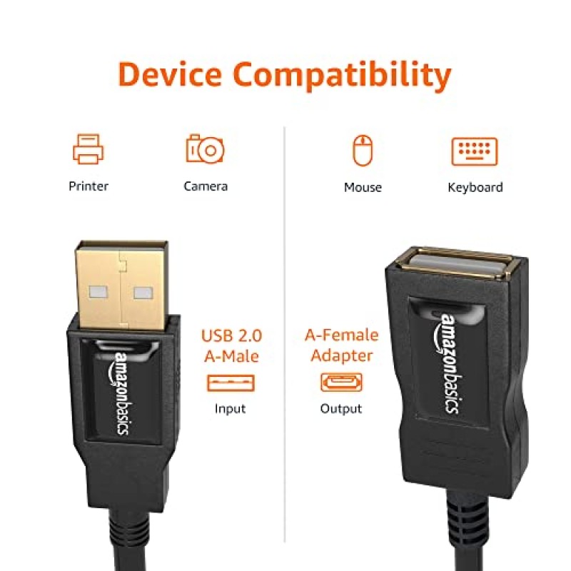 Amazon Basics USB 2.0 Extension Cable - A-Male to A-Female for Personal Computer, Printer - 6.5 Feet (Black, 2 Meters) Amazon Basics USB 2.0 Extension Cable - A-Male to A-Female for Personal Computer, Printer - 6.5 Feet (Black, 2 Meters)
