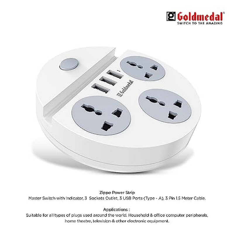 Goldmedal 360 Degree Power Strip (White) Pack Of 1, 6-Outlet International Sockets, 3-Pin 2 Meter Cable, Master Switch With Led Light Indicator And Overload Protector For Home & Office,240Volts