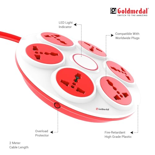 Goldmedal 360 Degree Power Strip (White) Pack Of 1, 6-Outlet International Sockets, 3-Pin 2 Meter Cable, Master Switch With Led Light Indicator And Overload Protector For Home & Office,240Volts Goldmedal 360 Degree Power Strip (White) Pack Of 1, 6-Outlet International Sockets, 3-Pin 2 Meter Cable, Master Switch With Led Light Indicator And Overload Protector For Home & Office,240Volts